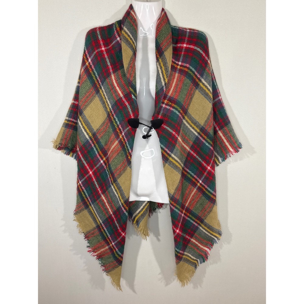 Women's Plaid Blanket Scarf Wrap Shawl with Toggle Closure One Size